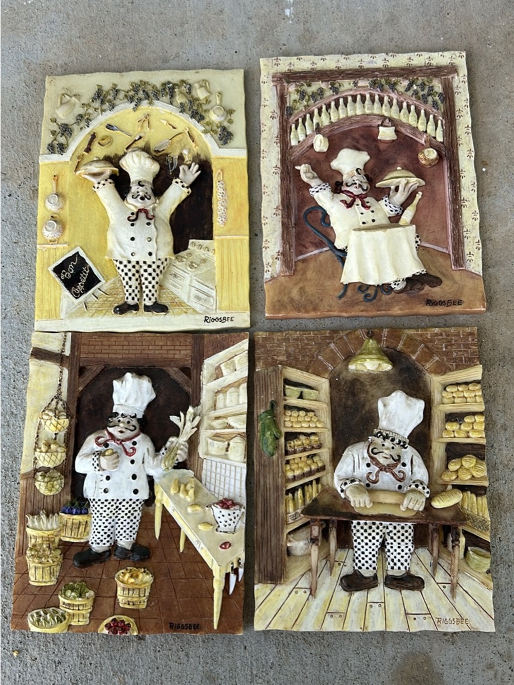 Decorative Ceramic Chef Wall Plaques - Set of 4 - White & Yellow Accents